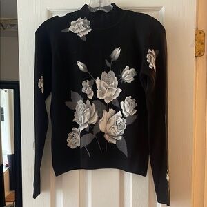 Cache Black and White Floral Turtleneck Sweater